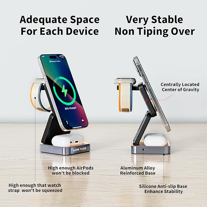 【2025 Upgraded】 Magnetic Wireless Charger 3 in 1, Foldable Charging Station with Night Light for Apple MagSafe Charger, Travel Charger Stand, Nightstand Fast 15W Charging Station (with Adapter)