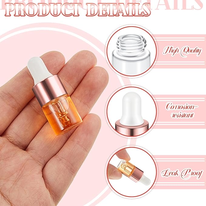 100 Pcs Mini Glass Oil Dropper Bottle Bulk, Clear Essential Small Empty Bottles Sample Containers Perfume Liquid Vials with Cap for Traveling (2 ml,Rose Gold)