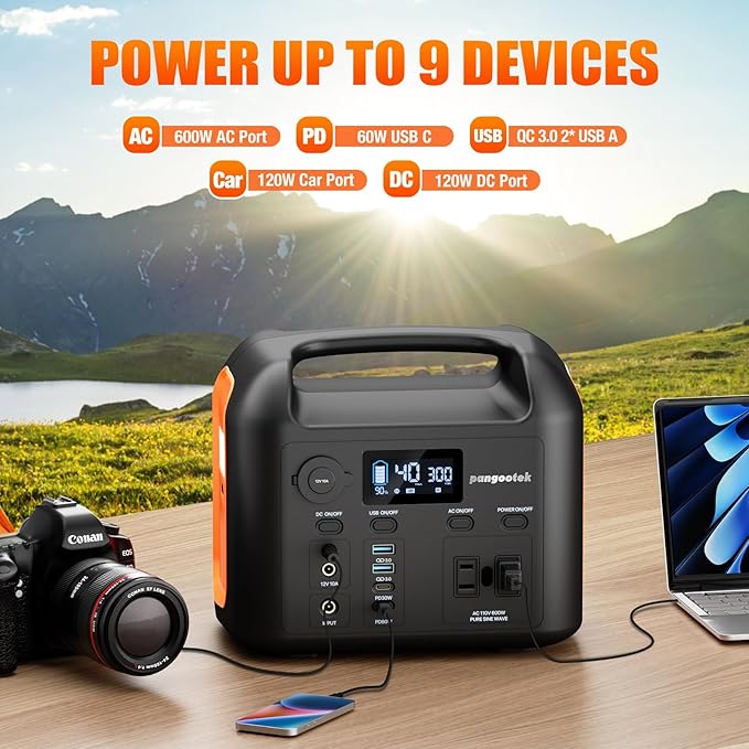 Portable Power Station, 600W (1200W Peak) 299Wh LiFePO4 Solar Generator Pure Sine Wave 110V AC Car Outlets PD 60W QC3.0 Backup Power Supply Bank for Camping, Blackout, CPAP