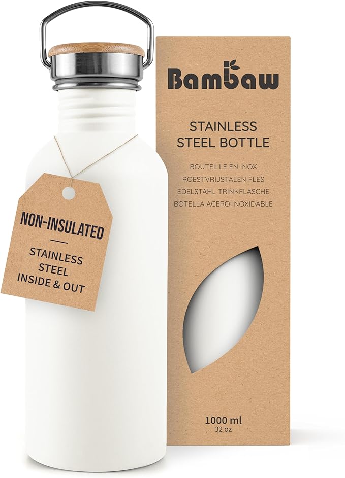 Bambaw Metal Water Bottle, White Water Bottle, Reusable Non-Insulated Sports Bottle, 1 Litre Stainless Steel Bottle, 1 Litre Stainless Steel Bottle – Polar White