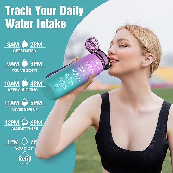 OLDLEY Water Bottle, 32oz Motivational Sports Water Bottle with Time Marker - Times to Drink - Tritan, BPA Free, Wide Mouth Leakproof, Confectionery (1 Bottle)
