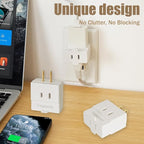 2-Prong 3-Outlet Polarized Wall Extender 2 Pack - Multi Plug Splitter Converter With 3 Side Outlets, Spaced Adapter for Old Home, Hotel - Non-Ground, White
