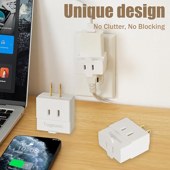 2-Prong 3-Outlet Polarized Wall Extender 2 Pack - Multi Plug Splitter Converter With 3 Side Outlets, Spaced Adapter for Old Home, Hotel - Non-Ground, White