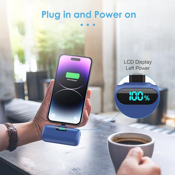 Mini Portable Charger USB C Power Bank,Upgraded 5000mAh PD Fast Charging Battery Pack Built-in USB-C Connector,LCD Display,Compatible with iPhone16,16 Plus,16Pro/Max/15,iPad Pro/Air (Dark Blue)