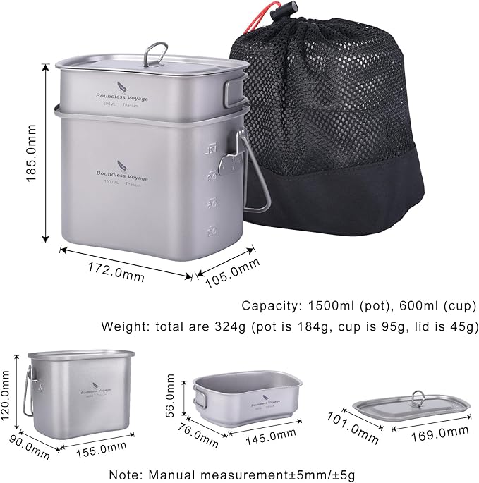 Boundless Voyage Titanium Mess Kit Hanging Pot Cup with Lid Folding Handles Outdoor Camping Cooking Set Ultralight Portable Tableware Cookware