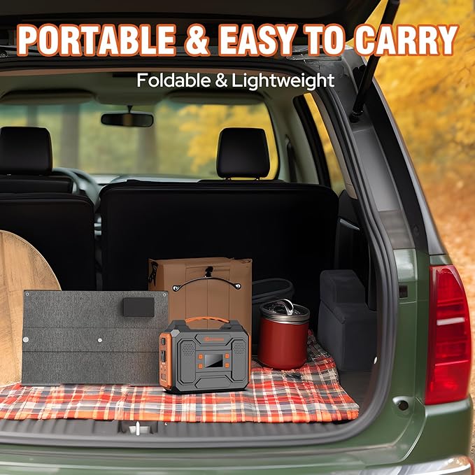 Portable Solar Generator, 300W Portable Power Station with Foldable 60W Solar Panel, 110V Pure Sine Wave 280Wh Lithium Battery Pack with USB DC AC Outlet for Home Use RV Van Outdoor Camping-Orange