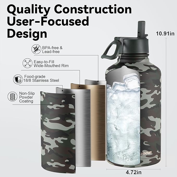 KXIAOCHEN Insulated Water Bottle, Stainless Steel Water Bottle, 2 Lids (Straw and Handle Lid),Wide Mouth Metal Water Bottles Keep Hot and Cold, Double Walled, Thermo Mug, Metal Canteen