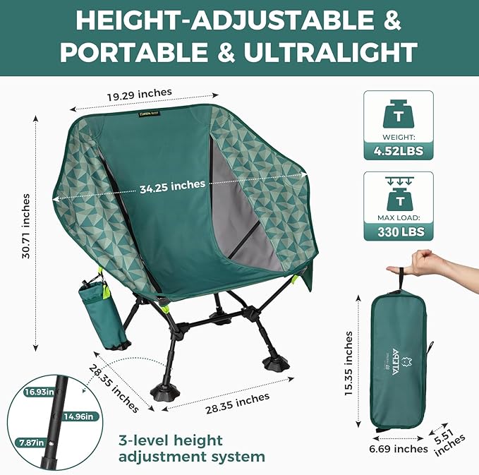 ATEPA UFO3.0 Backpacking Camping Chair, Ultralight Extra Wide Comfortable Folding Chairs 330lbs Heavy Duty Portable Hexagon Ergonomic Height Adjustable Seat with Anti-Sinking Feet for Hiking Outdoor