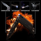 5N1 EDC Tactical Folding Knife, LED Flashlight, Ferro Fire Starter Rod, Glass Breaker, Seatbelt Cutter, 3in Razor Sharp Serrated Blade, Pocked Clip, Wilderness Survival