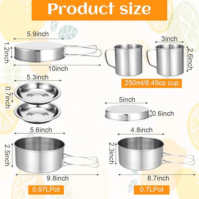 15 Pcs Camping Cookware Set, Stainless Steel Outdoor Camping Cooking Kit with Pot and Pan Cups Plates Forks Knives Spoons Kit for 1-2 Person Camping, Backpacking, Outdoor Cooking and Picnic