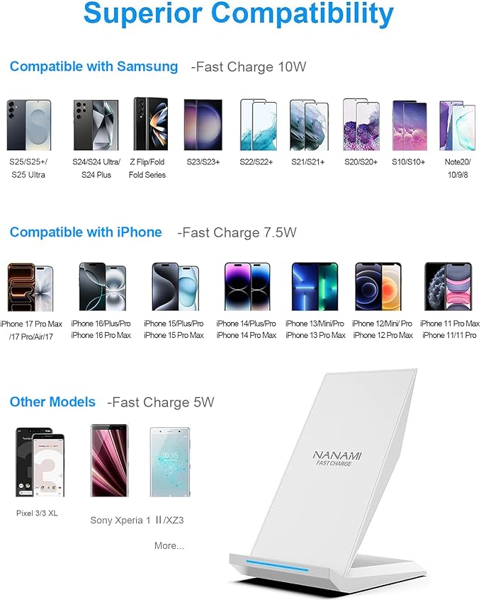NANAMI Fast Wireless Charger - Qi Certified Charging Stand 7.5W Compatible iPhone 17/17 Pro/17 Pro Max/16/15/14/13/12, 10W for Samsung Galaxy S25/S24/S24 Ultra//S23/S22/21/S20 and Qi-Enabled Phones