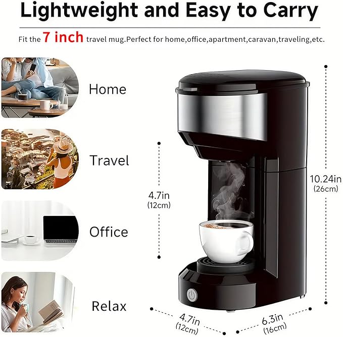 Single Serve Coffee Maker, 2 in 1 Brewer for K Pod & Ground Coffee, 90s Rapid Brew 6 to 14oz Capacities with Auto Shut Off, Small Compact Design for Home Office Travel Camping-Black