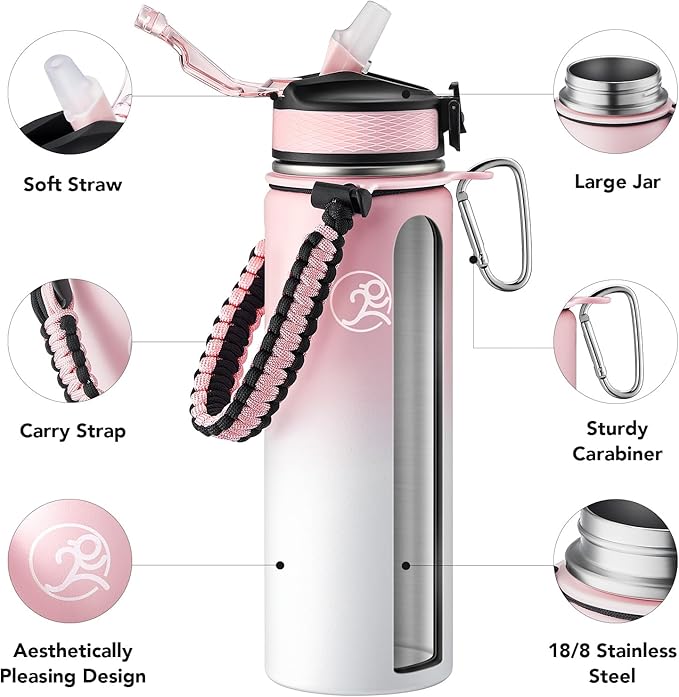 GOSWAG Insulated Sports Water Bottle, 24oz 2 Lids(with Straw/No Straw), Stainless Steel Water Bottles with Paracord Handle, Insulated Bottle with Double-Wall Vacuum Insulation