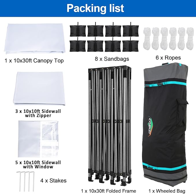 COBIZI 10x30 Pop up Canopy Tent 10x30 Canopy with 8 Sidewalls Waterproof Heavy Duty Commercial Canopy Tent for Parties Outdoor Tent Garden Gazebo Tent, Carry Bag with Wheel(10x30ft, White)