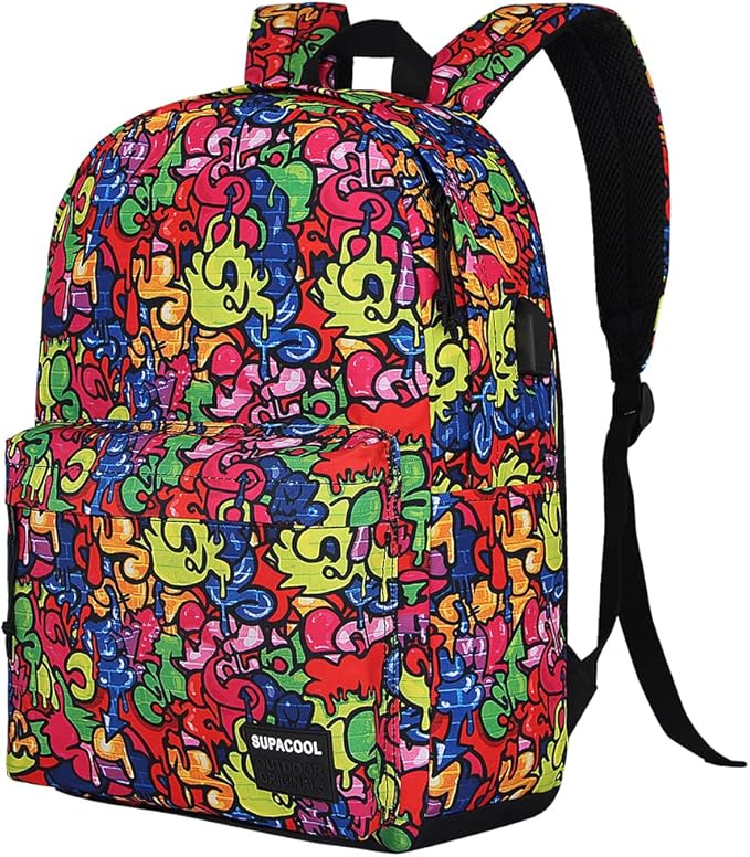 SUPACOOL Casual Laptop Backpack for Men and Women, Backpack for College, USB Charging Port, Lightweight Pack Back(Graffiti)
