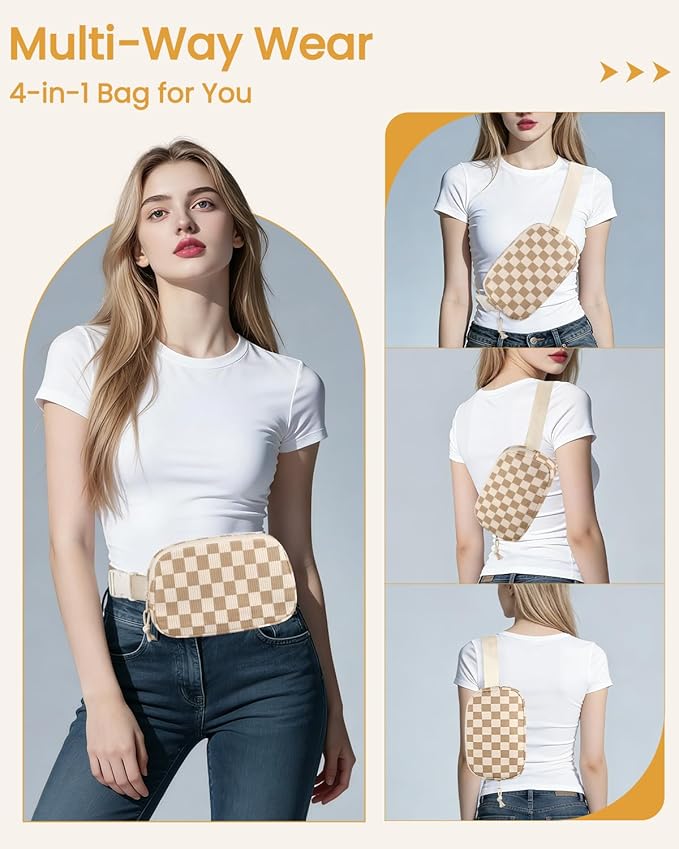 Vankor Brown and White Checkered Fanny Packs for Women Men Corduroy Cute, Checkered Crossbody Belt Bag for Women Men Stylish Waist Pack Purse for Travel, Hiking, Workout, Running