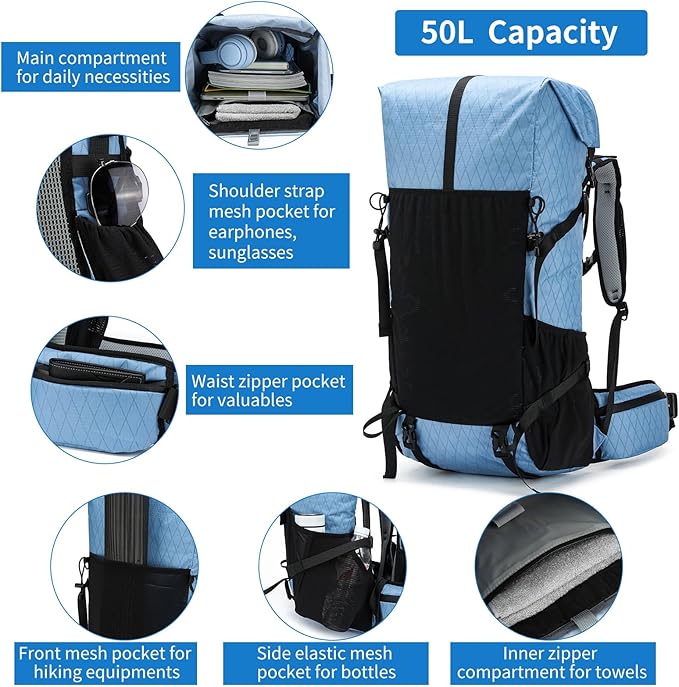 Hiking Backpack,40L to 50L Extra Large Capacity Hiking Bag,Internal Frame Camping Backpack,Upgraded X-PAC Lightweight Sport Daypack Travel Backpack Fit For Mountain Climbing Camping(Blue)