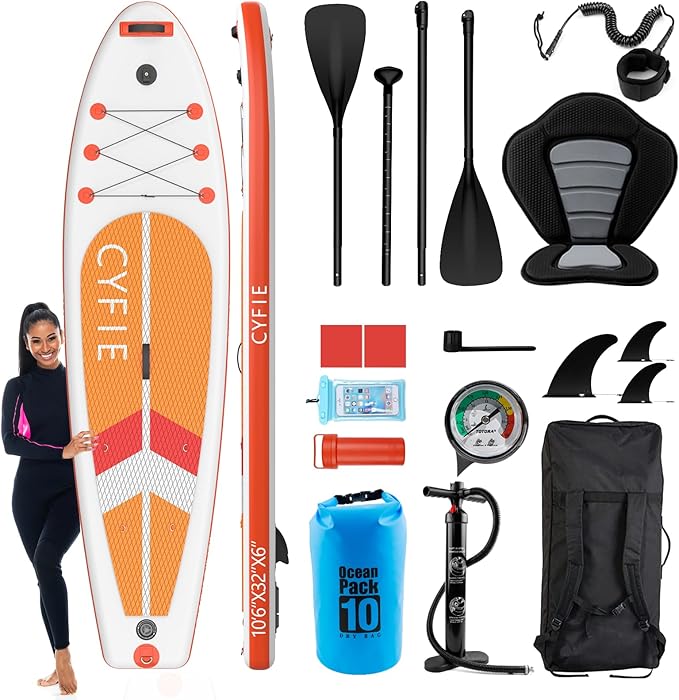 CYFIE 10'6''Inflatable Stand Up Paddle Board, Paddle Boards with Premium SUP Paddle Board Accessories, Removable Kayak Seat and Camera Mount for Yoga, Kayaking, Surf, Fishing