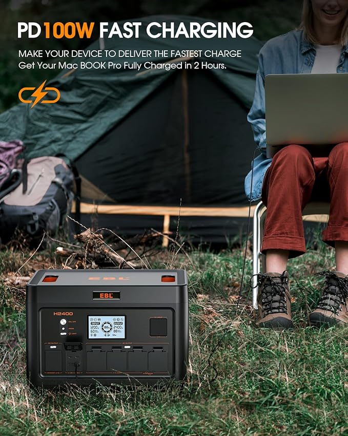 EBL Portable Power Station 2400W, 1843.2Wh Solar Generator LiFePO4 (LFP) Battery(4800W Surge), 2 Hours Fast AC Charging, 4 AC Outlets, 100W USB-C PD Output, 11-Port for Home Use, Outdoor Camping