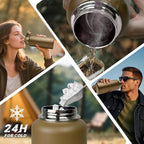 32 oz Insulated Water Bottle with Sleeve - Tactical Stainless Steel Metal Water Jug, Wide Mouth Gym Water Bottles for Men Sports Workout Hiking with Pouch Khaki