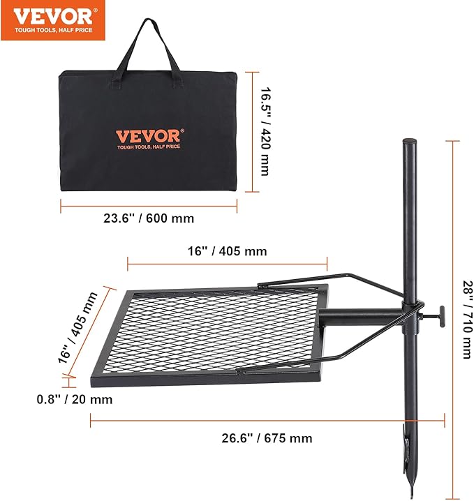 VEVOR Swivel Campfire Grill, Fire Pit Grill Grate over Fire Pits, Heavy Duty Steel Grill Grates, 360° Adjustable Open Fire Outdoor Cooking Equipment, Portable Camp Fire Racks for Camping Outdoor BBQ