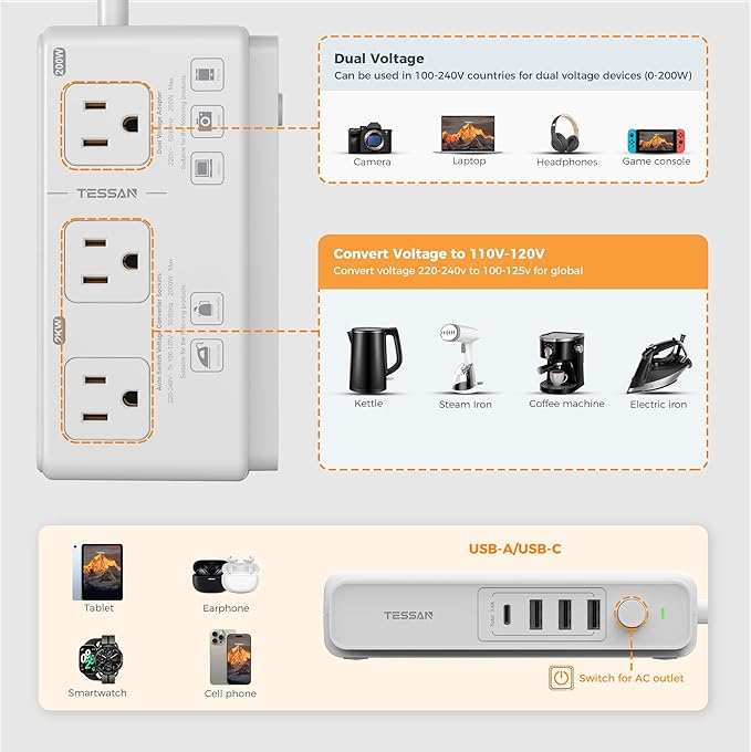 TESSAN Voltage Converter US to Europe 220 to 110, Universal Travel Adapter Voltage Converter with 4 USB Ports (1 USB C), 3 AC and EU UK AU IT in ZA Plug Power Adapter, Step Down Transformer, 4 FT