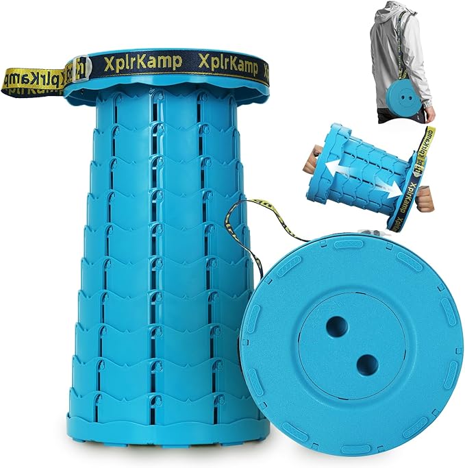 Retractable Folding Stool - Heavy Duty 400 lb Collapsible Portable Stool for Camping, Hiking, Fishing, Indoor/Outdoor with Non-Slip Base and Lightweight Design (Lakeblue, 1-Pack)