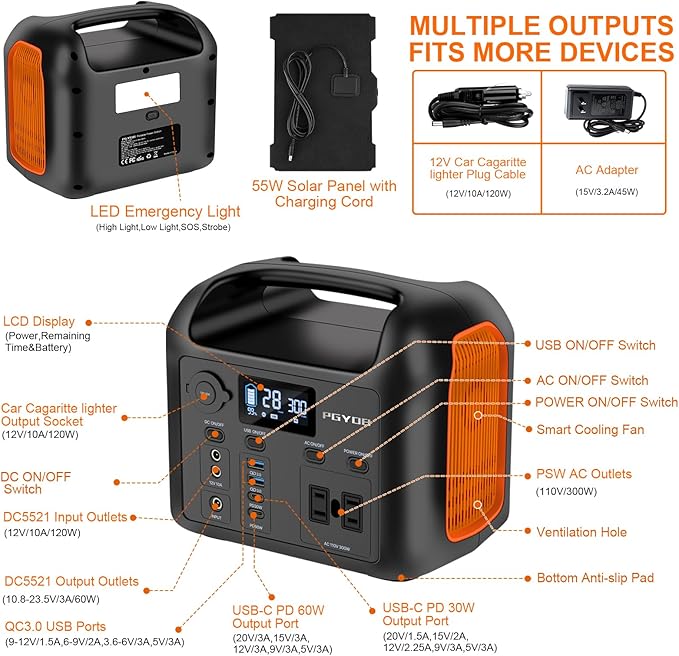 Portable Power Station with 55W Solar Panel, 299Wh LiFePO4 Backup Battery 300W Pure Sine Wave AC (600W Peak) Car Outlets PD 60W QC3.0 Solar Generator Power Bank for Camping, Emergency, CPAP
