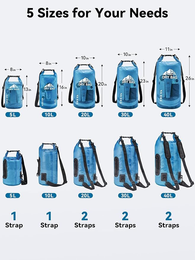 HEETA Dry Bag Waterproof for Women Men, 5L/10L/20L/30L/40L Roll Top Lightweight Dry Storage Bag Backpack with Phone Case for Travel Swimming Boating Kayaking Paddle Board Camping Beach Accessories