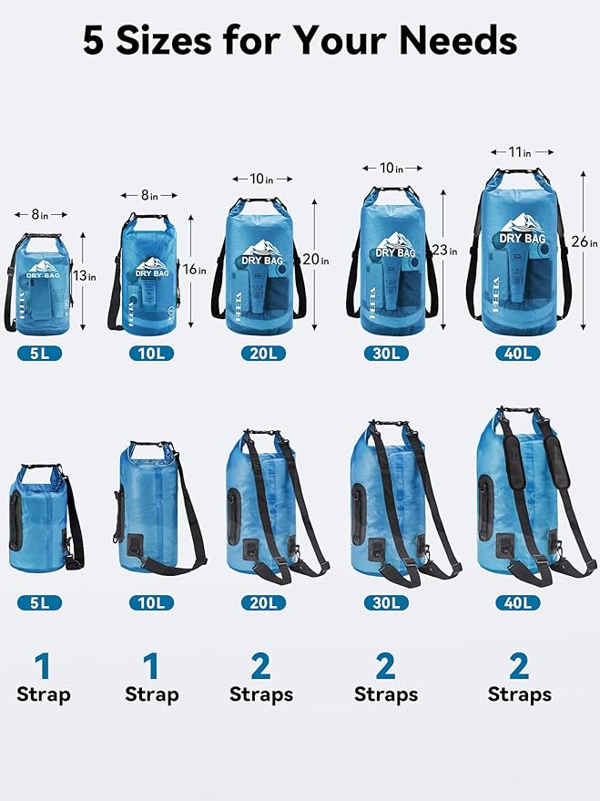 HEETA Dry Bag Waterproof for Women Men, 5L/10L/20L/30L/40L Roll Top Lightweight Dry Storage Bag Backpack with Phone Case for Travel Swimming Boating Kayaking Paddle Board Camping Beach Accessories