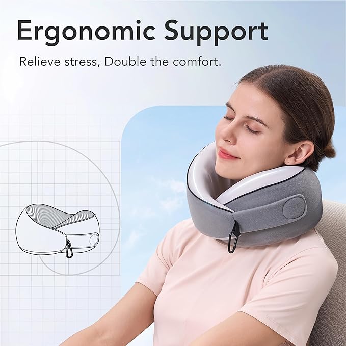 Travel Pillow, 100% Pure Memory Foam Travel Neck Pillow Airplane Neck Support Ergonomic Design for Traveling Suitable for Airplanes,Offices and Cars-Cooling Silk Light Grey Cover
