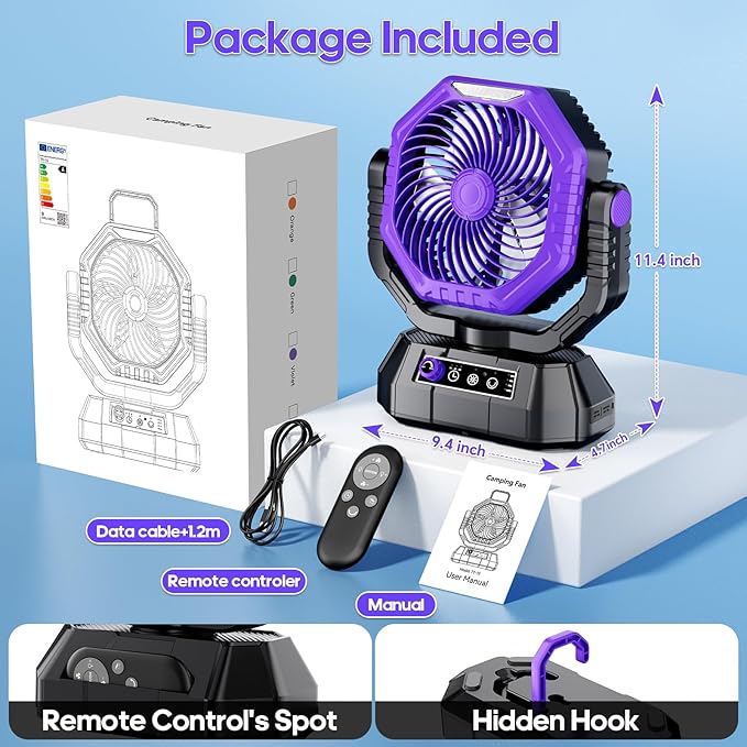 AJVV Camping Fan Rechargeable, Battery Powered Fan With Remote Controller, LED Light, Dual Motors, Stepless Speed, 45°/90°/270° Swing,Timer, Portable fan For Travel/Tent/Beach/Fishing,Violet