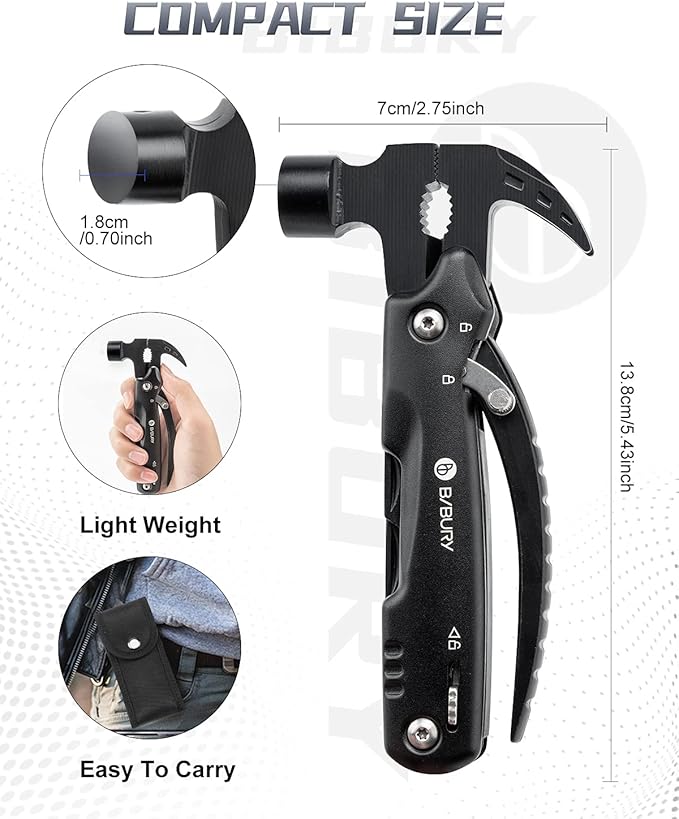 BIBURY Hammer Multitool Gifts for Dad Husband Grandpa, 12 in 1 Survival Gear Outdoor Multi Tool, Fathers Day Dad Gifts from Daughter Son and Wife, EDC Multi-Tool for Outdoor, Camping, Hiking