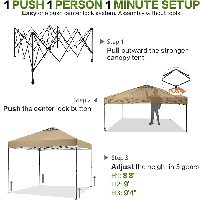 10'x10' Pop Up Canopy Tent with 1 Sidewall and 6 Pockets, One Push Setup, Instant Shade Tent with Vented Roof for Beach Patio Outdoor, Case, 8 Stakes, 4 Ropes, 4 Sandbags (Khaki, 10x10)