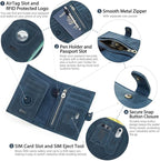 CONTACTS Full Grain Leather Passport Holder Compatible with Airtag RFID Blocking Passport Wallet Travel Slim Passport Cover with SIM Card Removal Tool (Bagde, Blue)