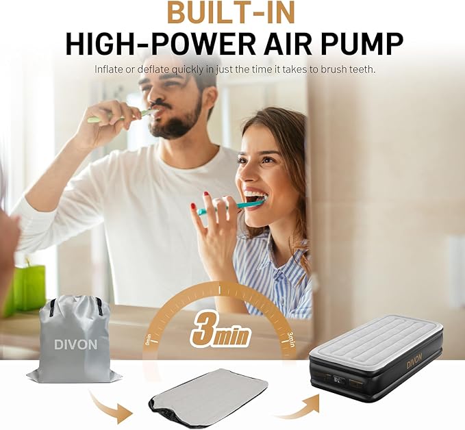 DIVON Twin Air Mattress with Built in Pump Raised,18” Inflatable Mattress with Wave Design,Blow Up Mattress in 2 Mins,Single Twin Size Air Mattress for Guest, Thicker AirBed,Colchon Inflable-330Lbs