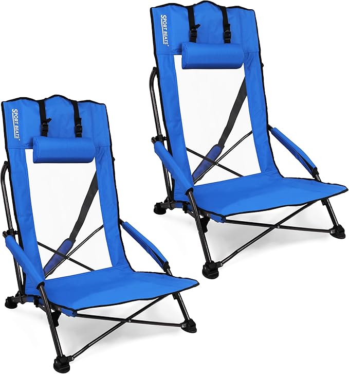 SPORT BEATS Low Beach Chairs Set of 2 Folding Beach Chairs High Back Support with Head Pillows Shoulder Straps