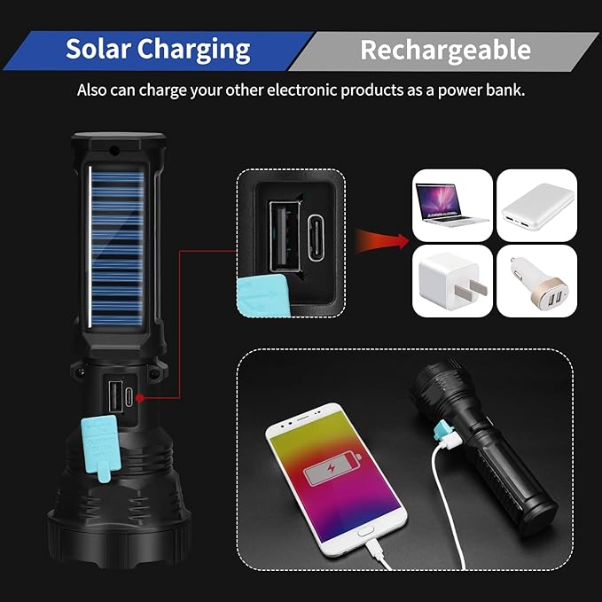 Led Solar Flashlight, 1500 Lumens Led Solar Handheld Rechargeable Flashlights with IP65 Waterproof, 2000mAh Battery for Survival Emergencies Camping (1 Pack)