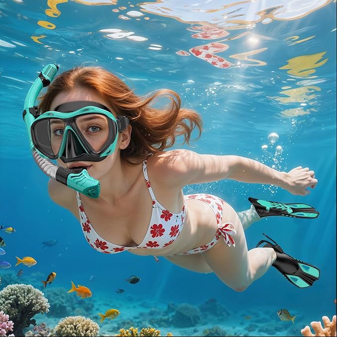 Snorkeling Gear for Adults Men Women, 3 in 1 Snorkel Set with Panoramic View Diving Mask Anti-Fog Anti-Leak, Snorkel Mask Dry Top Snorkel Fins for Swimming, Snorkeling and Travel Diving