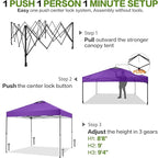 10'x10' Pop Up Canopy Tent with 1 Sidewall and 6 Pockets, One Push Setup, Instant Shade Tent with Vented Roof for Beach Patio Outdoor, Case, 8 Stakes, 4 Ropes, 4 Sandbags (Purple, 10x10)