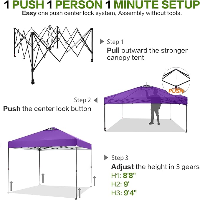 10'x10' Pop Up Canopy Tent with 1 Sidewall and 6 Pockets, One Push Setup, Instant Shade Tent with Vented Roof for Beach Patio Outdoor, Case, 8 Stakes, 4 Ropes, 4 Sandbags (Purple, 10x10)