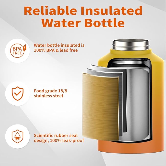 WATERSY Half Gallon Water Bottle Insulated(Cold for 48 Hrs),BPA Free&Leak Proof,64oz Stainless Steel Water Jug/Flask,Big thermo,Large Water Bottle with Handle for Gym,Hiking,Camping,Gradual Yellow