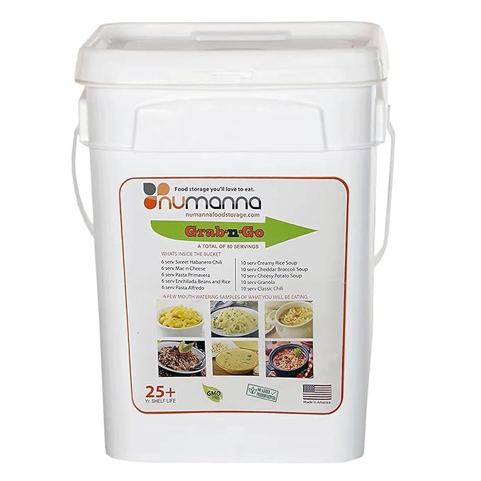Numanna Grab-n-Go Bucket 80 Servings, 12 lbs | Freeze-Dried Premade Meals | 25+ Year Shelf Life | Non-Perishable, Ready-to-Eat Breakfast & Dinner Everyday Meals | Emergency & Survival Food Kit | Made in USA