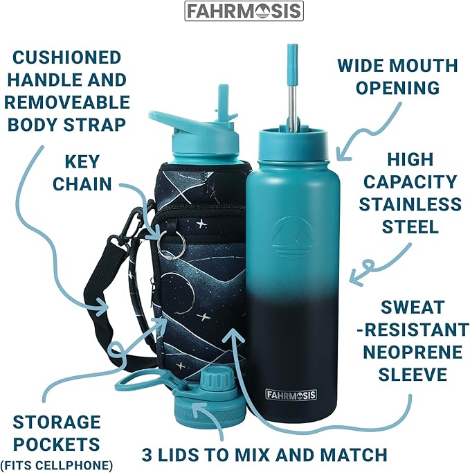 40 Oz Water Bottle with Strap Stainless Steel Sports Water Bottle with 3 Lids (Straw, Chug and Flip Lid) Insulated Leak Proof Metal Jug for Men & Women - Indigo Green (Pattern)