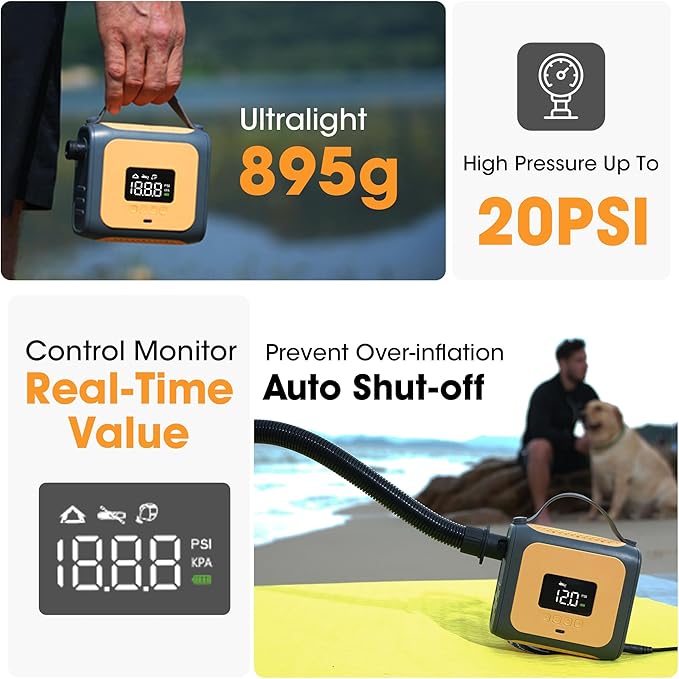 Zetta 138 SUP Pump 20PSI High Pressure Paddle Board Pump Quick Portable SUP Air Pump,Auto-Off &12V DC Car,6 Nozzles for for Inflatable Stand up Paddle Boards,Boats,Inflators