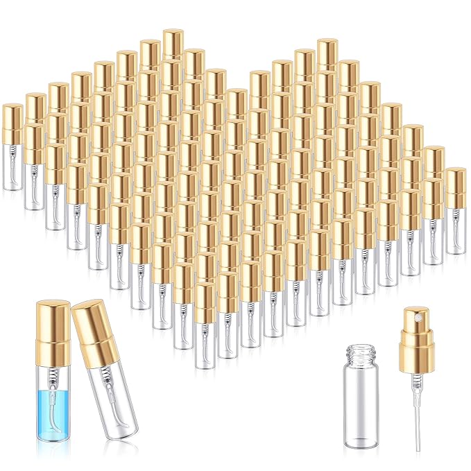 Zhehao 50 Pcs Mini Spray Bottles 3 ml Clear Glass Perfume Bottles Refillable Fine Mist Perfume Atomizer Portable Empty Sample Containers for Cleaning, Essential Oils, Travel (Gold Cap)