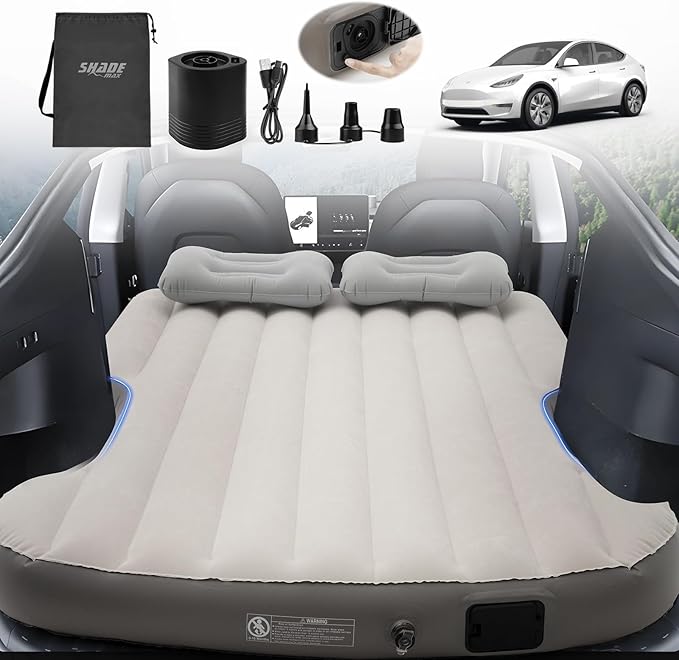 Self-Inflating Car Air Mattress for Tesla Model Y 2025 2024-2020 / Model Y Juniper 2026 Accessories Outdoor Camping Air Bed with 2 Pillows Built-in Pump Air Couch Flocking Air Cushion (Beige&Gray)