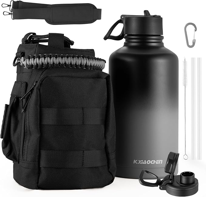KXIAOCHEN Insulated Water Bottle, Stainless Steel Water Bottle, 2 Lids (Straw and Handle Lid),Wide Mouth Metal Water Bottles Keep Hot and Cold, Double Walled, Thermo Mug, Metal Canteen