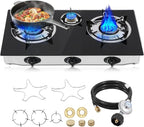 Propane Gas Cooktop,3 Burners Gas Stove portable gas stove, 0.28"Tempered Glass, Auto Ignition Camping 3 Burner LPG for RV,Apartments,Outdoor