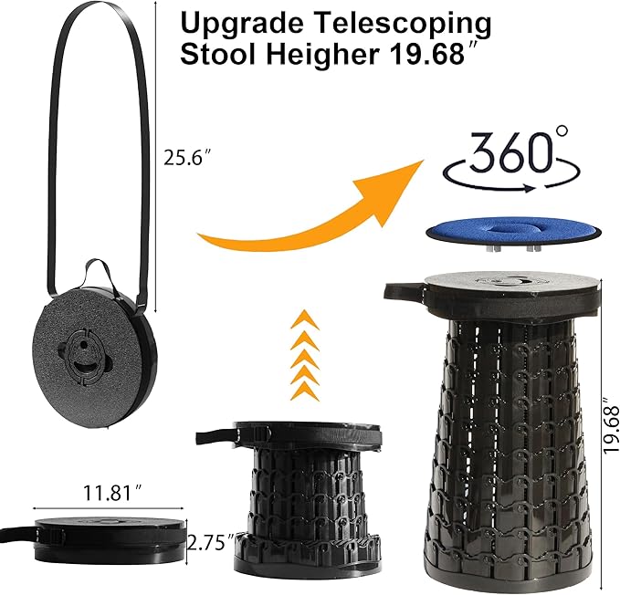 ALEVMOOM 2025 Upgraded XXL 19.7" Collapsible Stool with Cushion, 1000lbs Max Weight Heavy Duty Portable Telescoping Stool, Retractable Seat Folding Chair for Camping Fishing Hiking(Black-XXL)